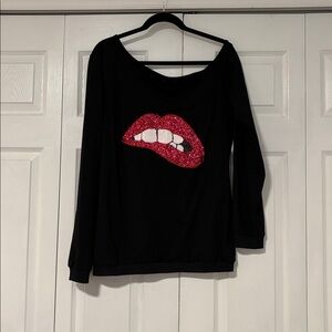 Magic Black Girls' Pullover Top with Pink Sequin Lip Applique